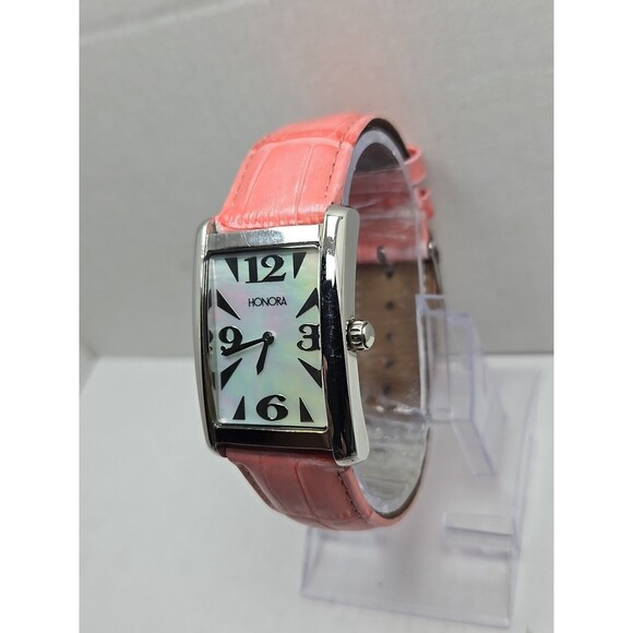 Honora Tank Swiss Mother of Pearl Watch Pink Leather Quartz New Battery Womens - Picture 2 of 12